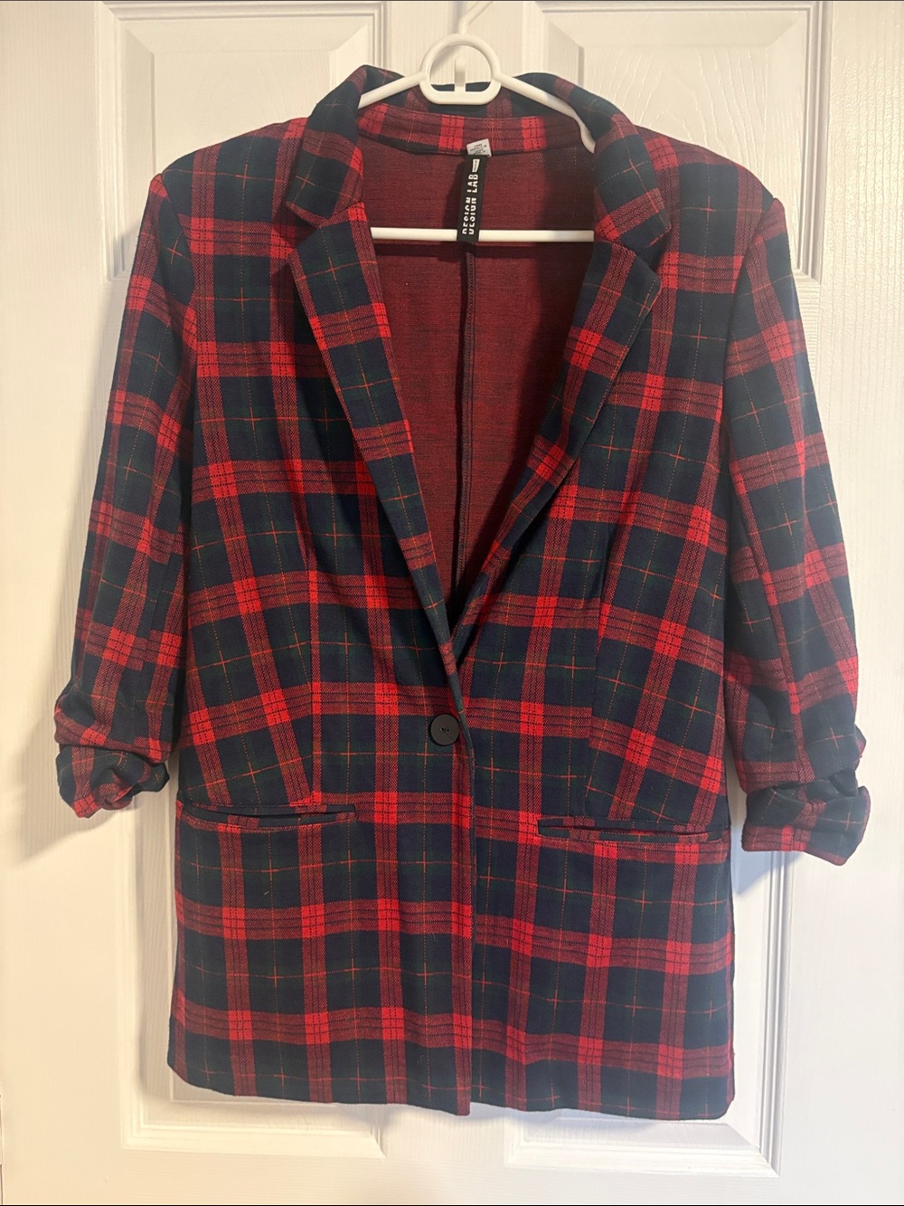 Design Lab Lord & Taylor Red and Black Plaid Blazer